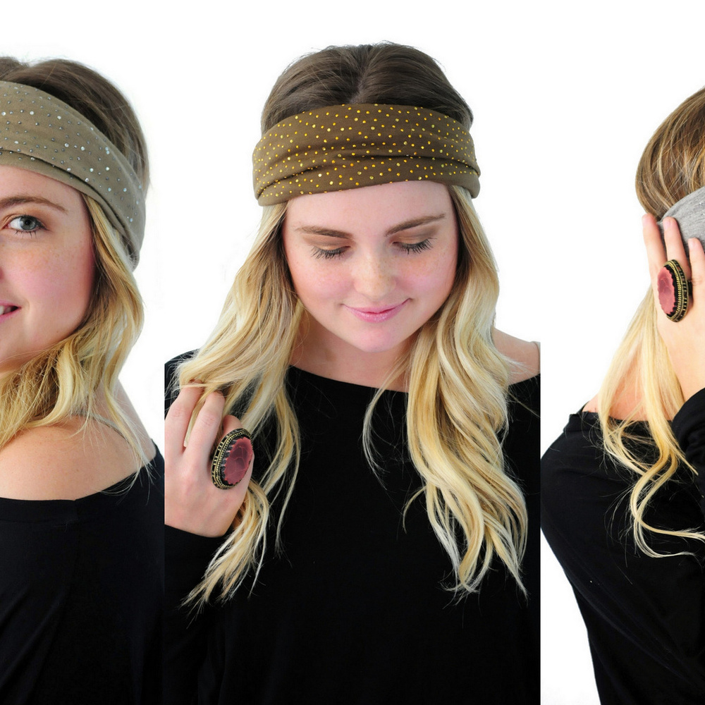 3 Cocoa Mocha Grey Rhinestone Gym Headwraps - Picture 2 of 8